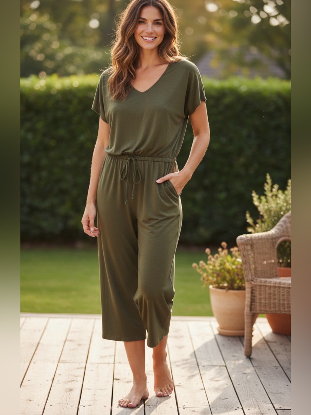 Sonoma Women's Medium Green Cropped Jumpsuit Pockets Stretch Boho Fairy Casual